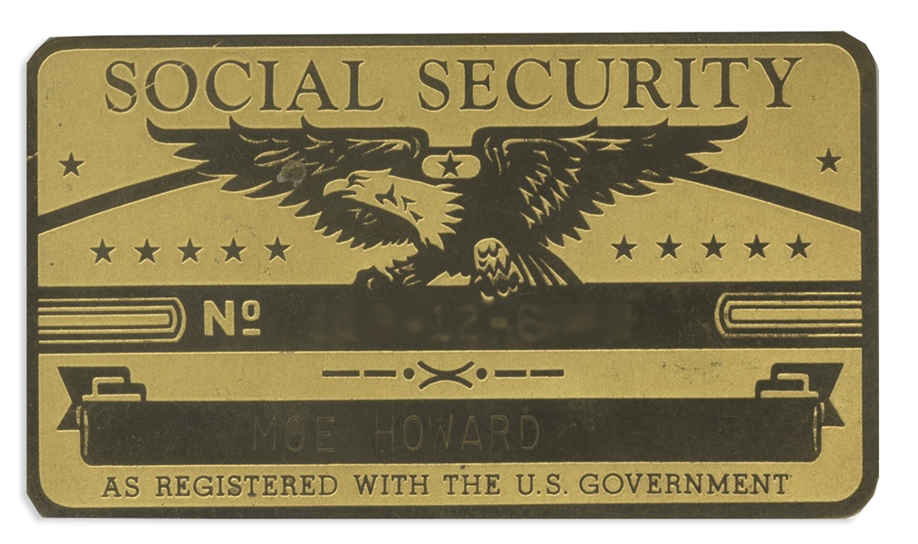 Moe Howard's Metal Social Security Card -- Engraved ''Moe Howard'' on Front -- Metal Cards Were Popular in the 1930s but Privately Printed, Not by the Government -- 3.5'' x 2'', Near Fine